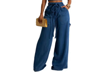 Blue High-Waisted Wide-Leg Denim Pants