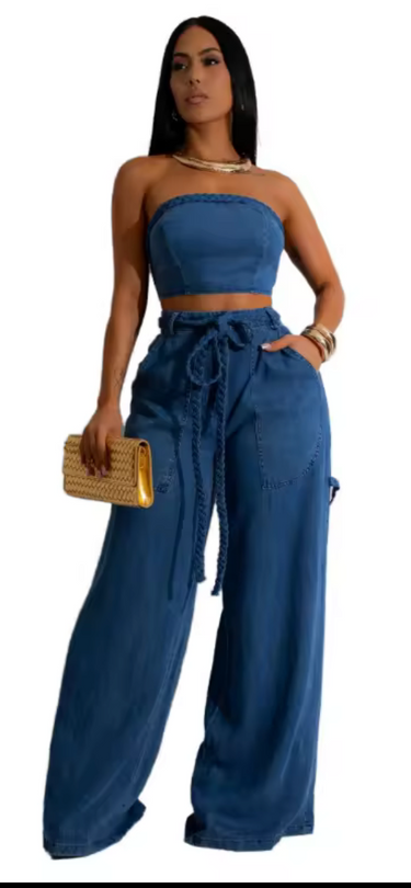 Denim Strapless Two-Piece Wide-Leg Pants Set