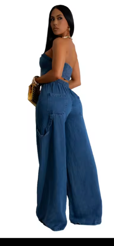 Denim Strapless Two-Piece Wide-Leg Pants Set